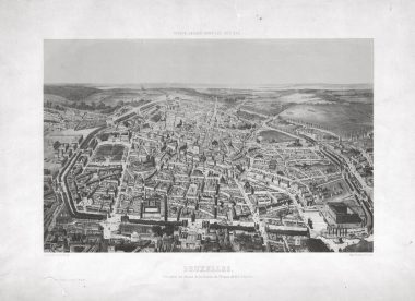 Aerial view of Brussels (after a drawing by Alfred Guesdon), 1847–1848 / Canelle lithograph; printed by Simonau & Toovey; published by A. Tessaro. City Archives, Brussels, inv. K-762. Photo credit: Archives of the City of Brussels