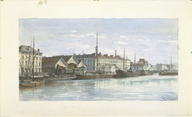 Jacques Carabain, Bassin du Commerce in Brussels, aquarelle, 1895, 23 × 44.2 cm. City Archives, Brussels, inv. S-21. Photo credit: Archives of the City of Brussels